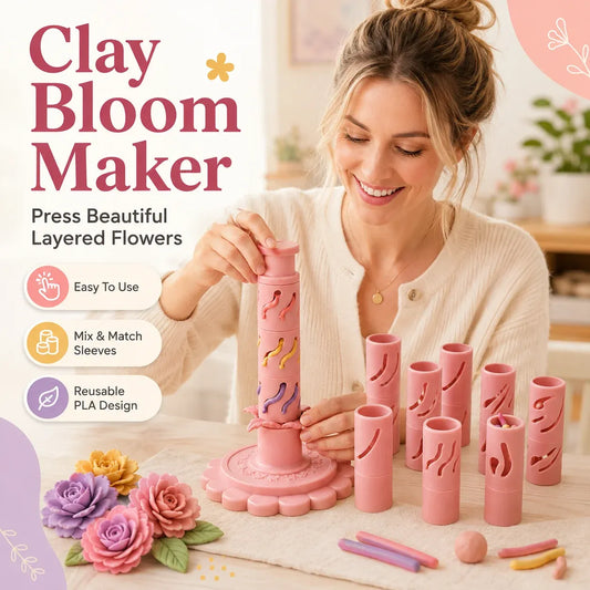 ⏳ Last Day 50% OFF – 🌸 Beginner-Friendly Clay Bloom Maker Set | Reusable 3D-Printed Flower Shaping Tool with Interchangeable Sleeves & 24-Color Modeling Clay Included ✨