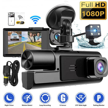🚗Dash Cam de 3 cámaras en 1080P HD Frontal + interior + cámara trasera con reversa