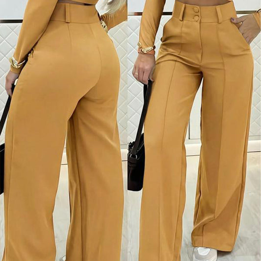 Pantalón de cintura ancha y pierna ancha de color liso para mujer