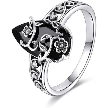 💍60% OFF NOW! 🌿 Vintage Floral Vine Ring – Black Teardrop Gem, Sparkling Accents & Openwork Band ✨