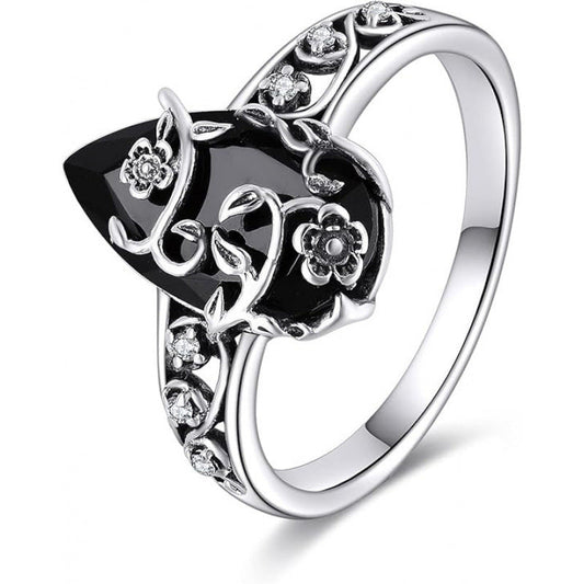 💍60% OFF NOW! 🌿 Vintage Floral Vine Ring – Black Teardrop Gem, Sparkling Accents & Openwork Band ✨
