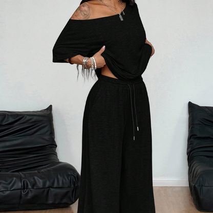 💎 -50% ON WOMEN'S OFF-SHOULDER TOP & PANTS 2-PIECE SET! 💎 Asymmetrical Design, Soft Fabric & Wide-Leg Pants ✨