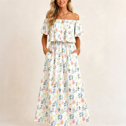 👗 ¡50% DE DESCUENTO AHORA! 🌸 Vestido largo (maxi) estampado de hombros descubiertos y manga corta – Estampado floral, cuerpo con volantes y bolsillos ocultos ✨