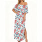 👗 ¡50% DE DESCUENTO AHORA! 🌸 Vestido largo (maxi) estampado de hombros descubiertos y manga corta – Estampado floral, cuerpo con volantes y bolsillos ocultos ✨