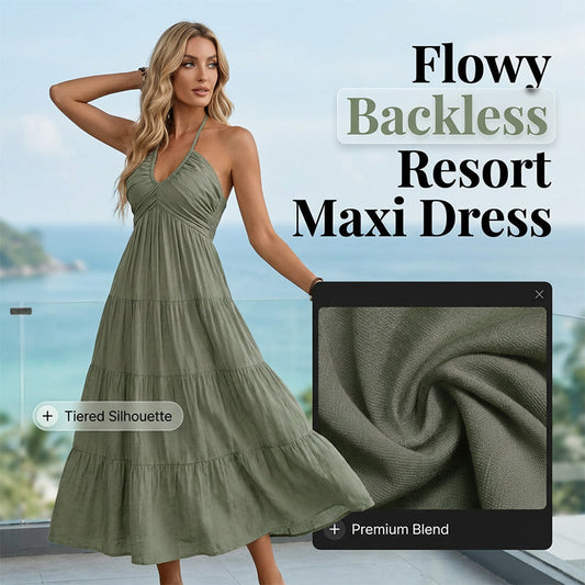 👗 ¡OFERTA DE VERANO 50% DE DESCUENTO! 🌺 Vestido Largo de Mujer Sin Espalda de Cuello Halter con Niveles – Escote en V, Tejido Fluido, Ajuste Seguro y Aire Vacacional ✨