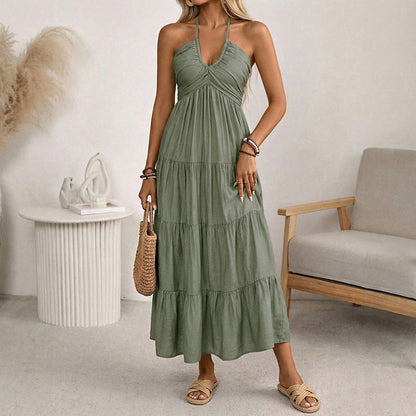 👗 ¡OFERTA DE VERANO 50% DE DESCUENTO! 🌺 Vestido Largo de Mujer Sin Espalda de Cuello Halter con Niveles – Escote en V, Tejido Fluido, Ajuste Seguro y Aire Vacacional ✨
