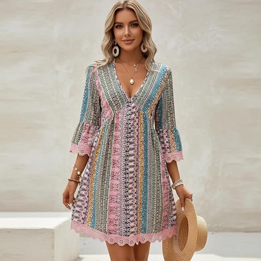 Vestido mini estampado bohemio con escote en V para mujer