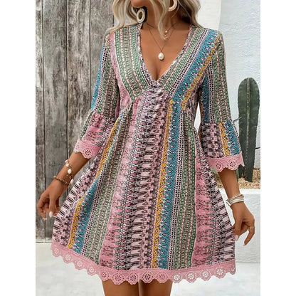 Vestido mini estampado bohemio con escote en V para mujer