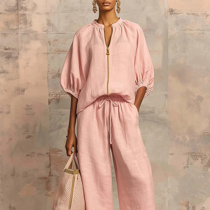 👚 ¡TIEMPO LIMITADO -50% DE DESCUENTO! 👖 Conjunto deportivo de 2 piezas en color sólido para mujer – Manga abullonada, pierna ancha, detalle de cremallera ✨