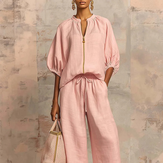 👚 ¡TIEMPO LIMITADO -50% DE DESCUENTO! 👖 Conjunto deportivo de 2 piezas en color sólido para mujer – Manga abullonada, pierna ancha, detalle de cremallera ✨