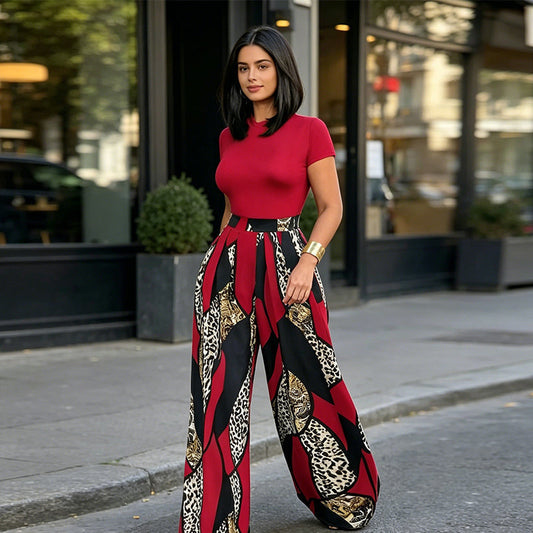 👗 ¡OFERTA POR TIEMPO LIMITADO 50% DE DESCUENTO! 🌸 Conjunto de 2 Piezas para Mujer: Top y Pantalones de Pierna Ancha – Estampado Vibrante, Cintura Alta y Elástica, Estilo Coordinado ✨
