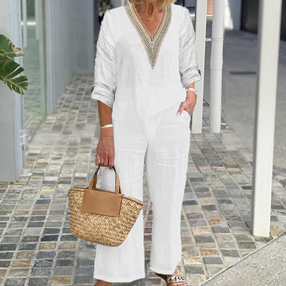 ⏰🔥 ¡50% DE DESCUENTO POR TIEMPO LIMITADO! 👚👖 Top de Cuello en V y Pantalón de Pierna Ancha – Cómodo, Chic y Perfecto para Mujer ✨💖