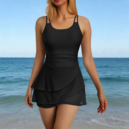🩳 ¡50% DE DESCUENTO! 🌺 Traje de Baño con Falda y Tirantes Dobles Fruncidos – Control de Abdomen, Soporte Seguro, Secado Rápido ✨