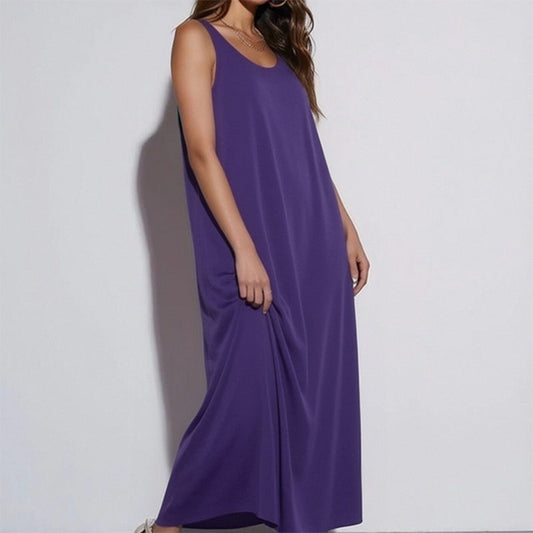👗 ¡OFERTA POR TIEMPO LIMITADO -50%! ✨ Vestido largo (maxi) sin mangas para mujer – Color sólido, bolsillos laterales, corte en línea A, poliéster duradero 🌸