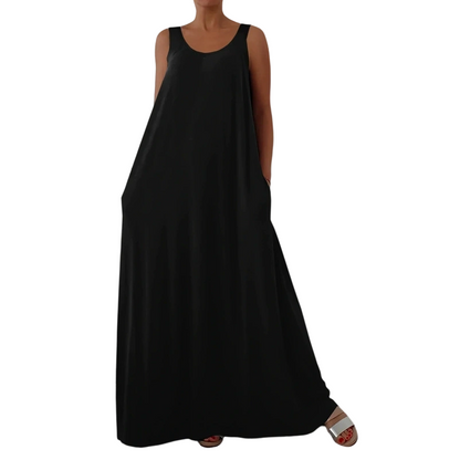 👗 ¡OFERTA POR TIEMPO LIMITADO -50%! ✨ Vestido largo (maxi) sin mangas para mujer – Color sólido, bolsillos laterales, corte en línea A, poliéster duradero 🌸