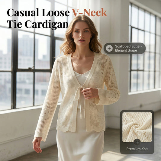 Cárdigan casual holgado con cuello en V, calado y lazada