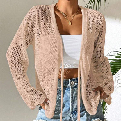 Cárdigan casual holgado con cuello en V, calado y lazada