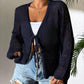 Cárdigan casual holgado con cuello en V, calado y lazada