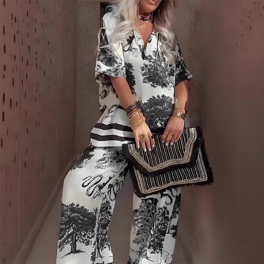 Conjunto Casual de Top con Escote en V y Pantalones Largos Estampados para Mujer