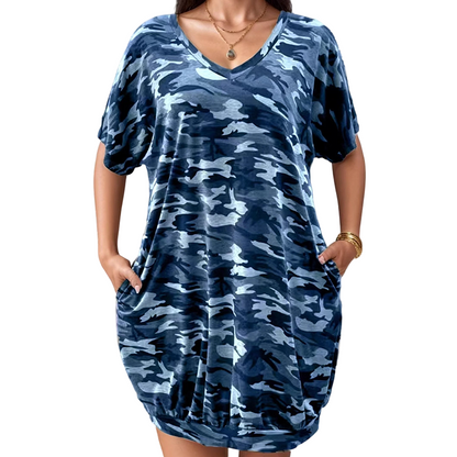 👗 ¡50% DE DESCUENTO AHORA! 🌿 Vestido camisero de camuflaje para mujer – Escote en V y bolsillos laterales – Corte relajado y dobladillo ribeteado – Talla grande (plus size) amigable 🚶‍♀️