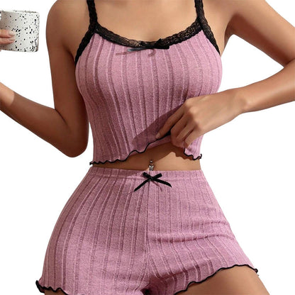 🌸 ¡OFERTA POR TIEMPO LIMITADO 50% DE DESCUENTO! 🎽 Conjunto de Pijama de Cami y Pantalón Corto – Acanalado con Encaje ✨