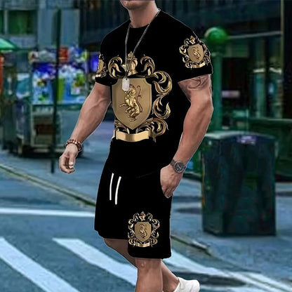 Conjunto de Camiseta y Shorts con Estampado de Escudo Dorado para Hombre