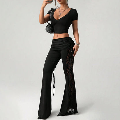🔥¡Últimas Unidades 50% DESCUENTO!🎉 Pantalones Acampanados con Panel de Encaje Fruncido para Mujer
