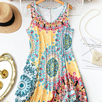 🌸Oferta caliente de verano✨ Vestido de verano estampado, casual, sin mangas y corte en línea A