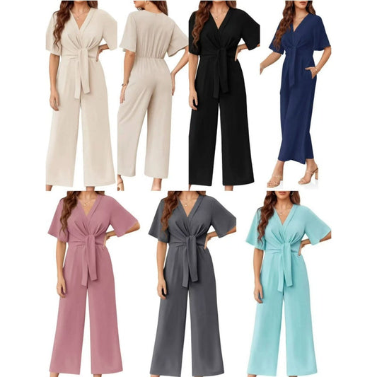 📢📢40% DE DESCUENTO!! ⏰Mono Elegante de Cuello en V con Pierna Ancha y Lazo en la Cintura para Mujer