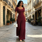 👗 ¡TIEMPO LIMITADO 50% DE DESCUENTO! ✨ Set de vestido de cuello cuadrado para mujer – Tela arrugada, falda en niveles, elegante 🍷