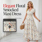 Vestido largo de cintura smock con escote en V y flores de mujer