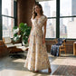 Vestido largo de cintura smock con escote en V y flores de mujer