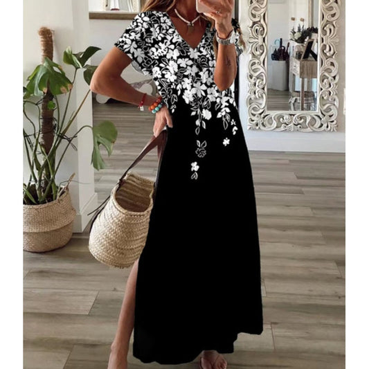 💖Last Day 50% OFF💖💃Women's V-Neck Floral Print Dress with Side Slit Hem