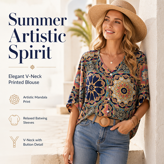 🔥Last Day Special Sale 50% OFF!!💝Women's V-Neck Bohemian Print Blouse Summer Loose Fit Shirt