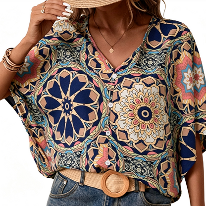 🔥Last Day Special Sale 50% OFF!!💝Women's V-Neck Bohemian Print Blouse Summer Loose Fit Shirt