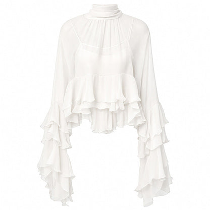 🎉 LIMITED TIME 50% OFF! 👚 Sheer Mock Neck Blouse – Ruffled Sleeve Elegance ✨