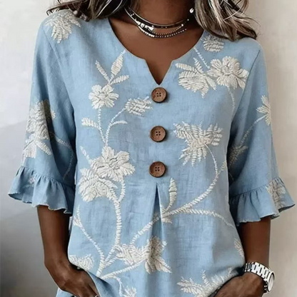 👚 Women's Summer Floral Top with Ruffle Sleeve — Lightweight V-Neck Blouse with Cascade Ruffle Detail