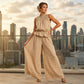 Women Summer Plaid Two Piece Set Ruffle Sleeveless Top and Wide Leg Pants
