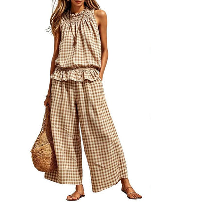 Women Summer Plaid Two Piece Set Ruffle Sleeveless Top and Wide Leg Pants