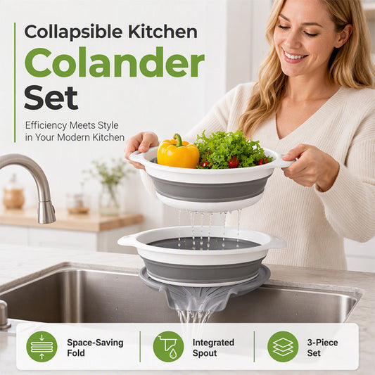 🍝🔥 50% OFF! 3-Piece Collapsible Colander Set with Draining Base – Space-Saving Silicone Strainers for Pasta, Veggies & Fruits ✨